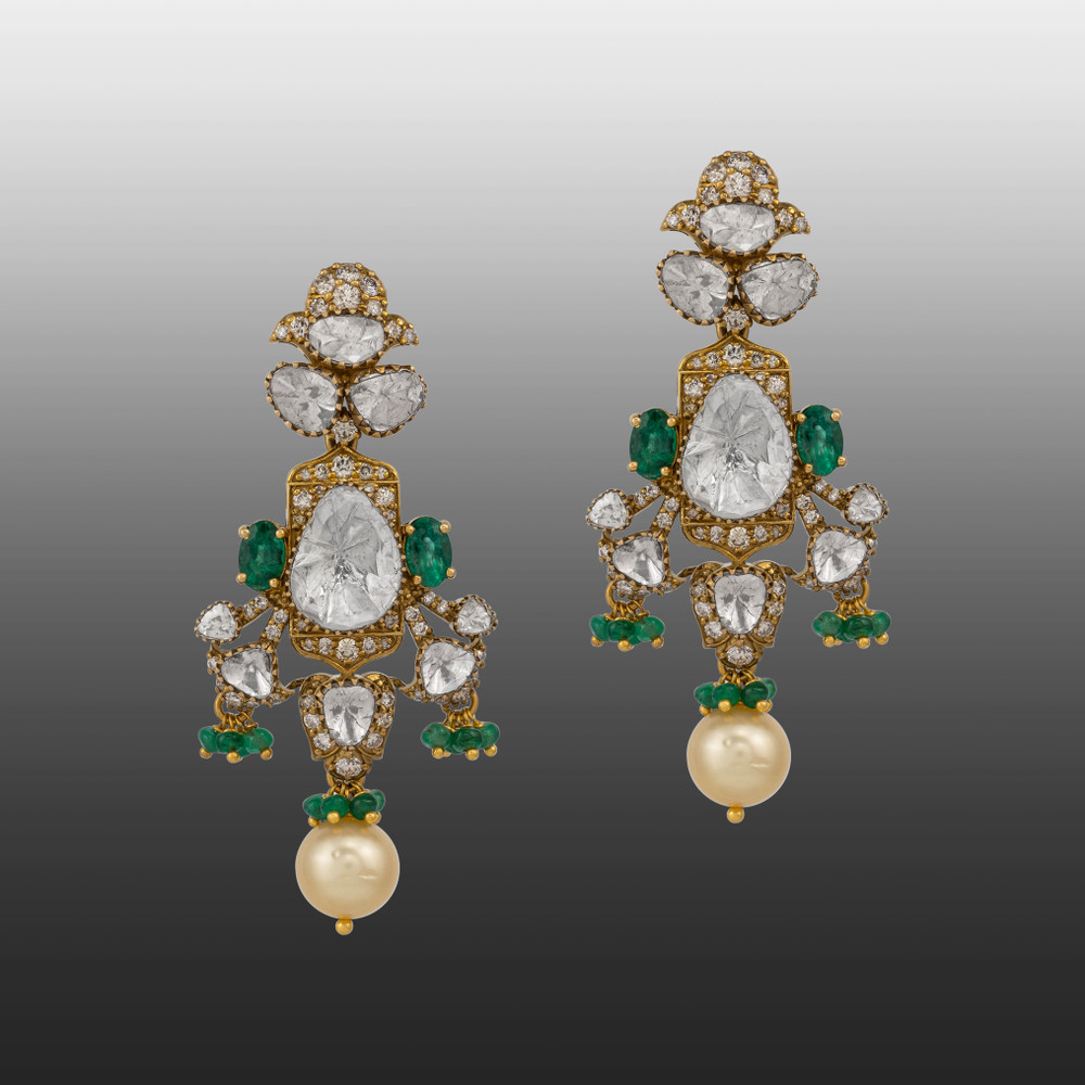 Antique Finish Earrings with Polki and Emerald Beads